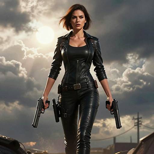 Photorealistic digital art of a confident, dark-haired woman in black leather jacket and pants, holding two handguns, against a dramatic, cloudy sky.