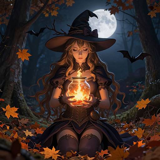 Digital art of a blonde witch with flowing hair, black dress, and hat, holding a glowing lantern under a full moon, surrounded by autumn leaves and