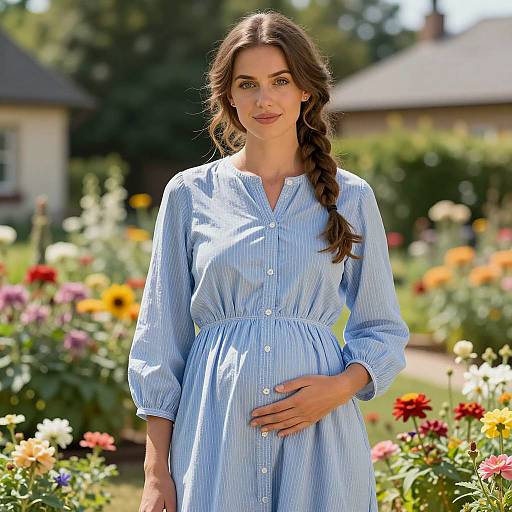 Young Woman in Striped Dress in Garden