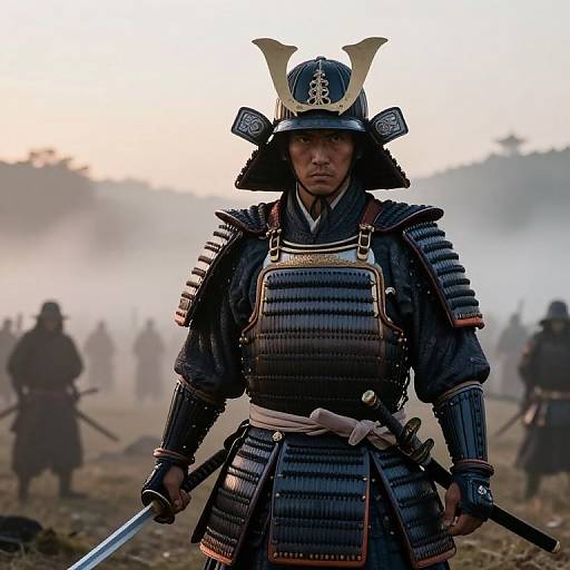 Photograph of a serious Japanese samurai in detailed black armor with gold accents, holding a sword, standing in a misty battlefield.