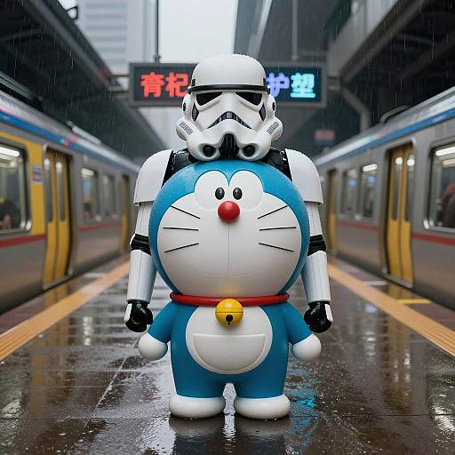 Doraemon Stormtrooper Hybrid in Rainy Subway Station