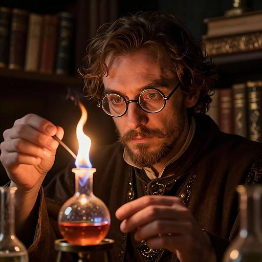 Photograph of a bearded man with curly hair and glasses, holding a lit flame in a glass beaker, surrounded by books and laboratory equipment in