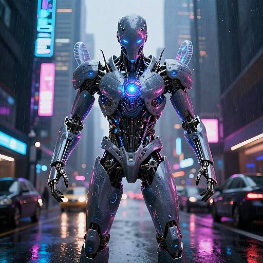 Cybernetic humanoid with glowing blue eyes and neon accents stands in a rain-soaked, neon-lit city street at night. Photorealistic