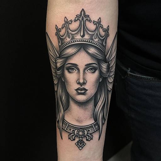 Black and gray tattoo of a regal woman with long hair, wearing a crown and ornate necklace, on a forearm. Realistic, detailed style