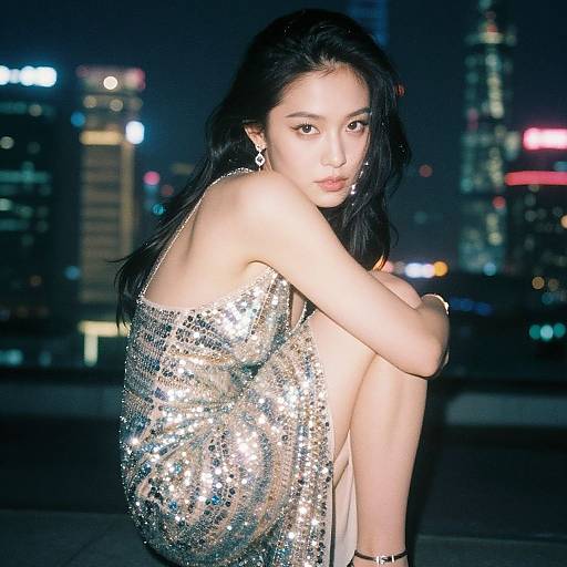 Photograph of an Asian woman with long black hair, seated on a rooftop at night, wearing a sparkly silver sequin dress, with city lights