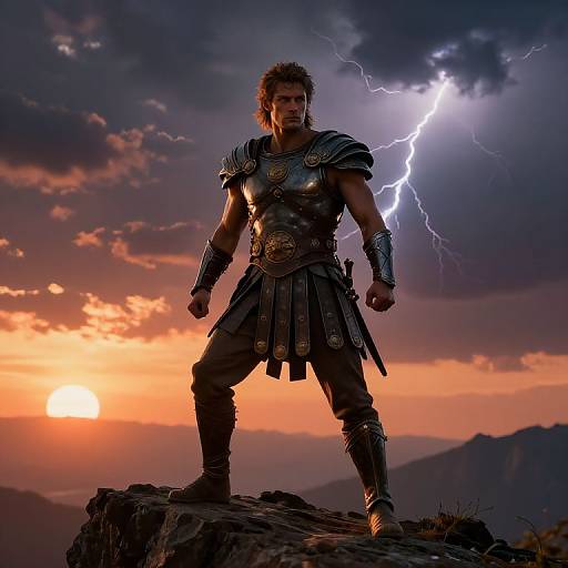 Muscular warrior in dark, metallic armor stands on rocky cliff at sunset, lightning illuminating the stormy sky behind him. Epic, dramatic scene.