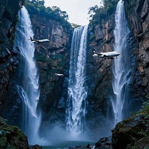 Photograph of a towering waterfall with multiple cascading streams, surrounded by dark cliffs and lush greenery, featuring several small planes flying through the mist.