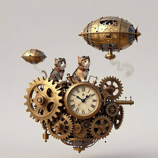 Steampunk-style digital art of two anthropomorphic cats with goggles, sitting on a clockwork gear mechanism with two floating, golden airships.