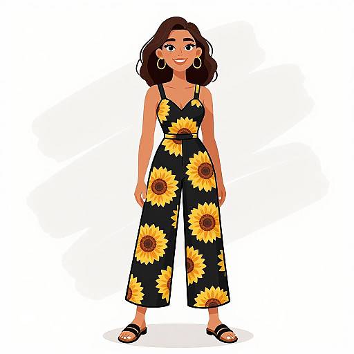 Cartoon illustration of a smiling woman with medium brown skin, wearing a black sunflower-patterned jumpsuit, hoop earrings, and black sandals.