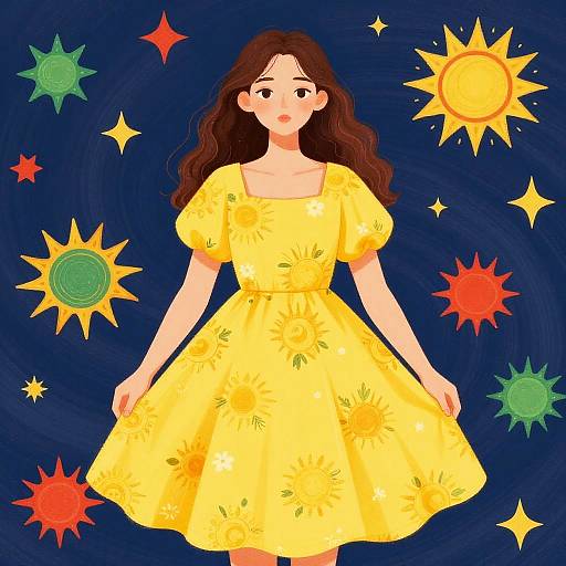 Whimsical Cosmic Woman in Floral Dress