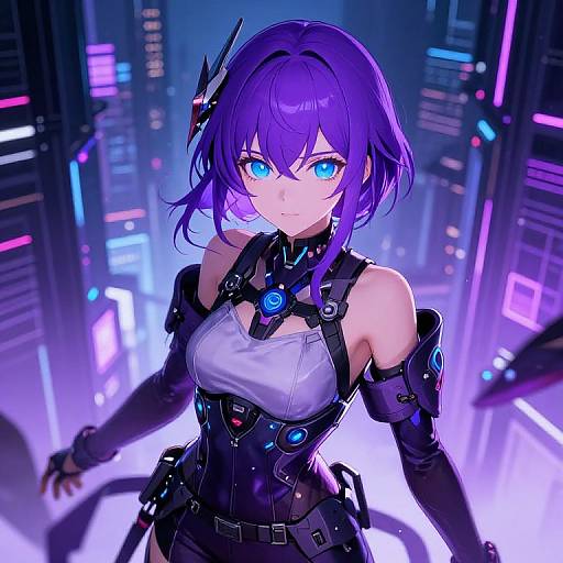 Digital anime-style illustration of a purple-haired woman with glowing blue eyes, wearing a futuristic black and white bodysuit, in a neon-lit cyber