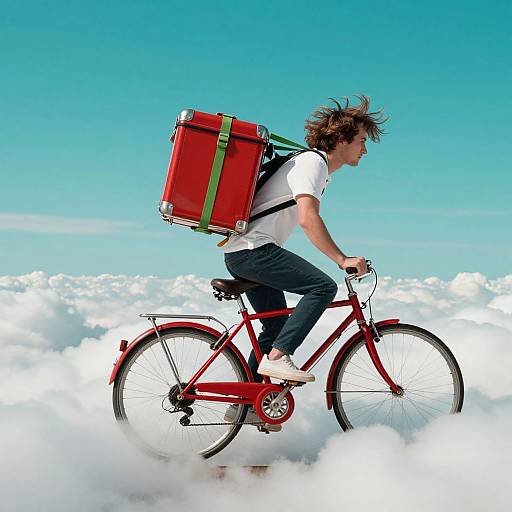 Young man with messy brown hair riding a red bicycle above a sea of clouds, wearing a white shirt and blue jeans, carrying a red and green backpack