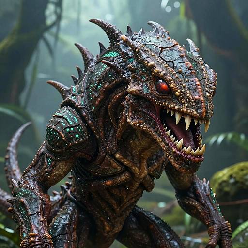 Photorealistic CGI of a fierce, dark-scaled, reptilian monster with glowing red eyes, sharp teeth, and spiked armor, in a mist