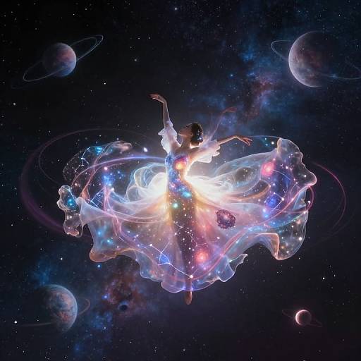 Digital art: Silhouetted figure in flowing, ethereal dress adorned with glowing stars and colors, floating in cosmic space with planets.