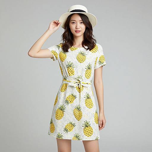 Photograph of an Asian woman in a white pineapple-print dress and wide-brimmed white hat, standing against a plain gray background.