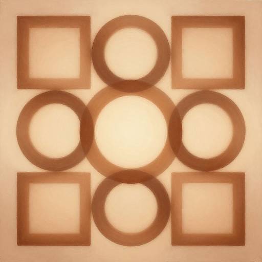 Photograph of six wooden picture frames arranged in a symmetrical pattern on a beige wall, with three circles and three squares.