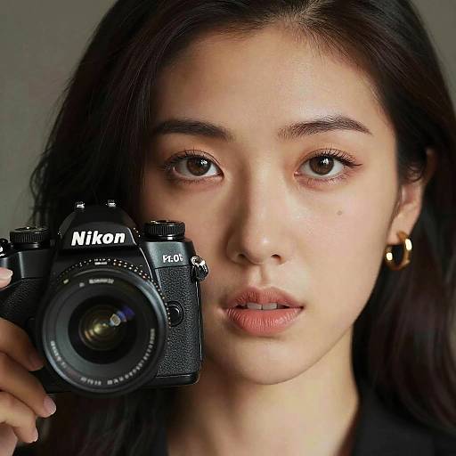 Photograph of a young woman with fair skin, dark brown hair, brown eyes, and gold hoop earrings, holding a Nikon DSLR camera close to