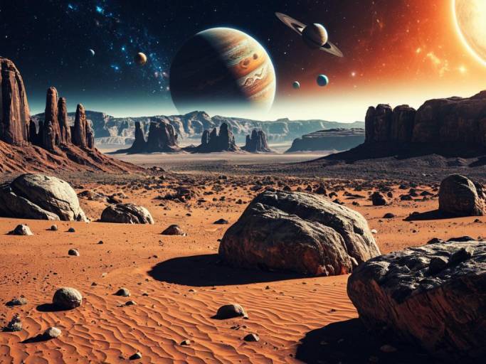 Desert Landscape with Distant Planets