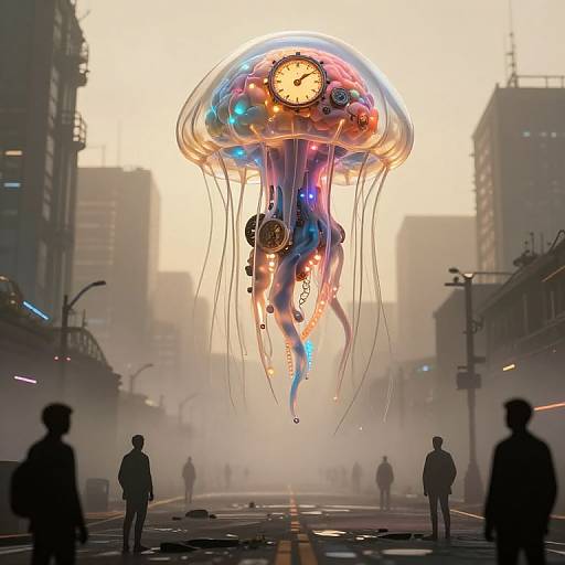 Digital art: A giant, glowing jellyfish with a clock, gears, and neon lights floats over a foggy, deserted city street. Silhou