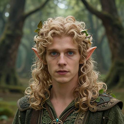 Photograph of a young, blonde, curly-haired elf with blue eyes, pointed ears, and a green leafy crown, wearing an ornate dark