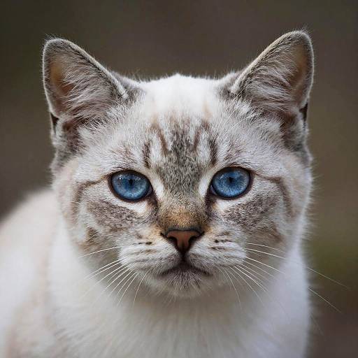 Close-up photograph of a Siamese cat with vivid blue eyes, white fur, and grey striped patterns on its face, set against a blurred dark