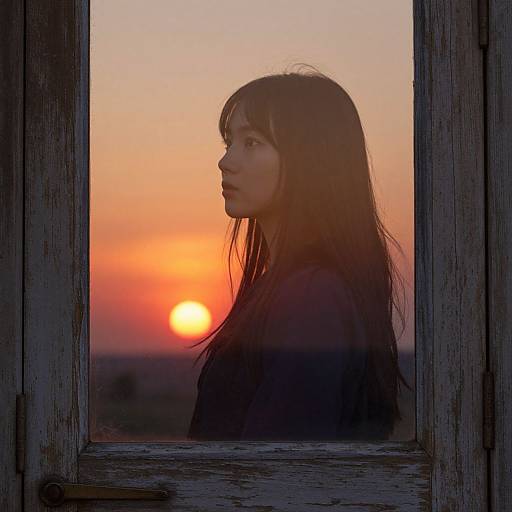 Photograph of a young woman with long black hair silhouetted against a vibrant sunset through a weathered wooden window frame.