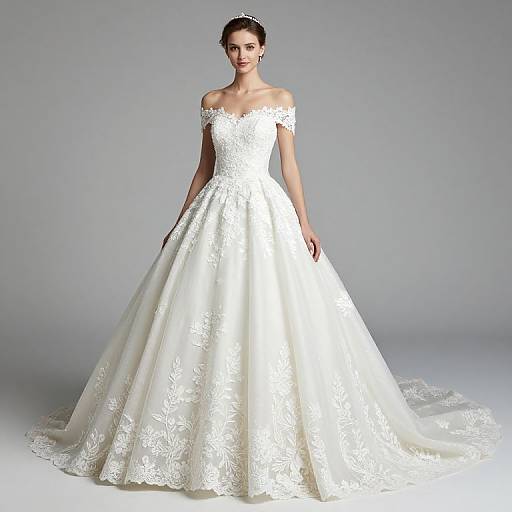 Photograph of a brunette bride in an off-the-shoulder, white lace wedding gown with a full, flared skirt, standing against a plain