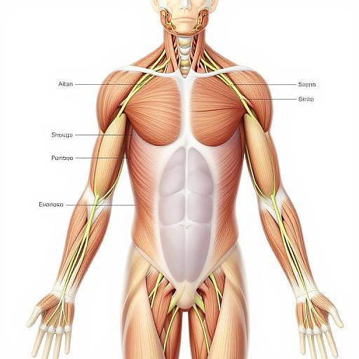 Detailed anatomical illustration of a human male torso showing muscle, nerve, and vascular systems with labeled parts on a white background.