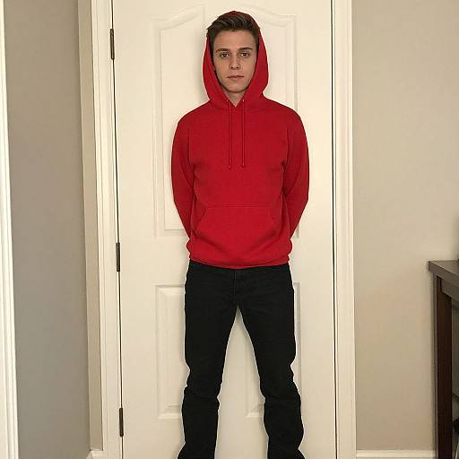 Photograph of a young man with short brown hair, wearing a red hoodie and black pants, standing against a white door in a plain room.