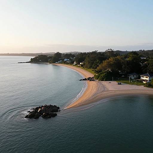 Aerial photograph of a serene, curving beach with golden sand, calm blue water, rocky outcrops, and a distant shoreline with trees and