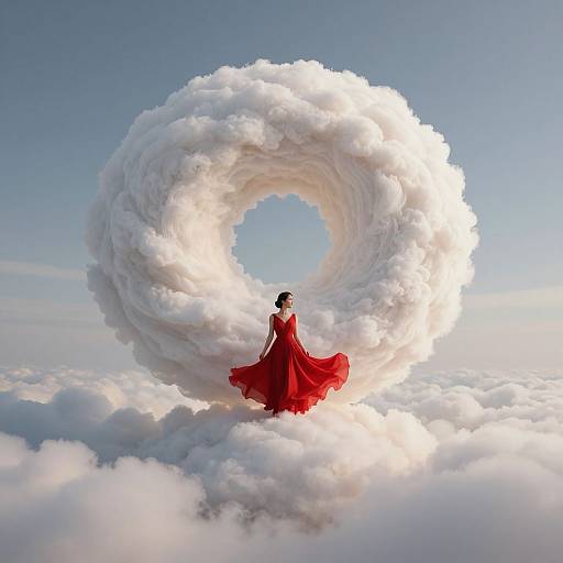 Photograph-like digital art of a woman in a flowing red dress standing within a large, swirling white cloud ring in a clear blue sky.