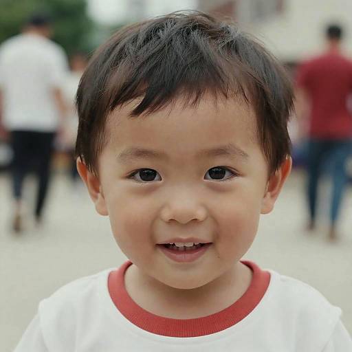 Photograph of a smiling young Asian boy with short black hair, wearing a white shirt with red collar, in a blurred outdoor street setting with people in