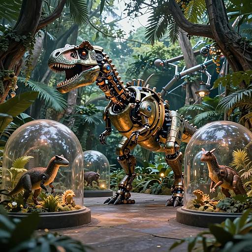 Photograph of a robotic, metallic T-Rex surrounded by two glass domes with dinosaur models, set in a lush, jungle-like environment.
