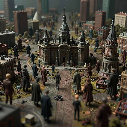 Photograph of a detailed miniature urban scene featuring Victorian-style buildings, bustling with small, black-clad figures, set against a foggy cityscape.