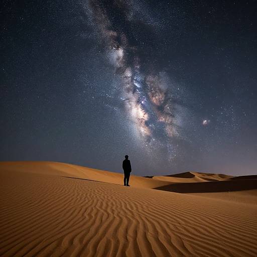 Silhouetted figure stands in desert under mesmerizing Milky Way; rippled sand dunes stretch to horizon, starry night sky above. Photograph