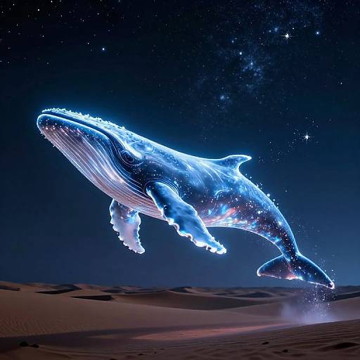 Digital artwork of a glowing blue whale leaping out of a starry night sky over a sandy desert, with sparkling water droplets trailing behind.