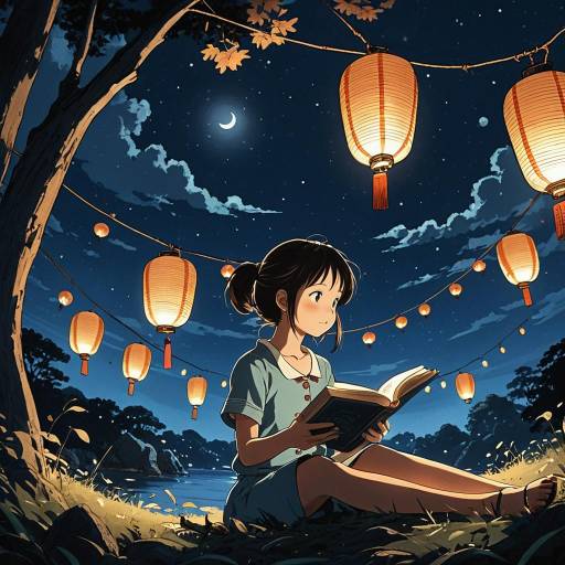 Girl Reading Under Lanterns at Night Girl Reading Under Lanterns at Night