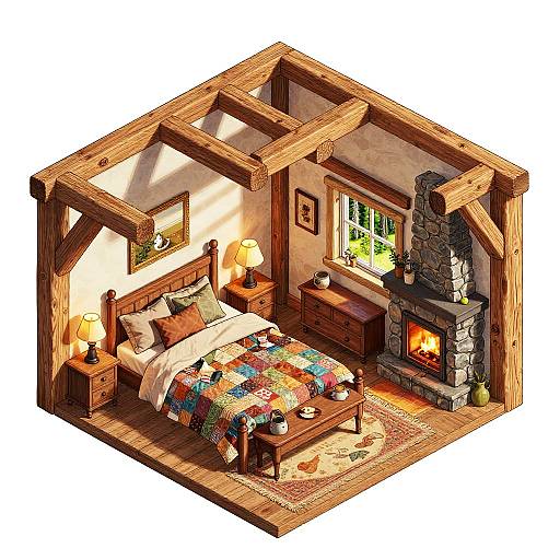 Isometric Rustic Cabin Bedroom Design