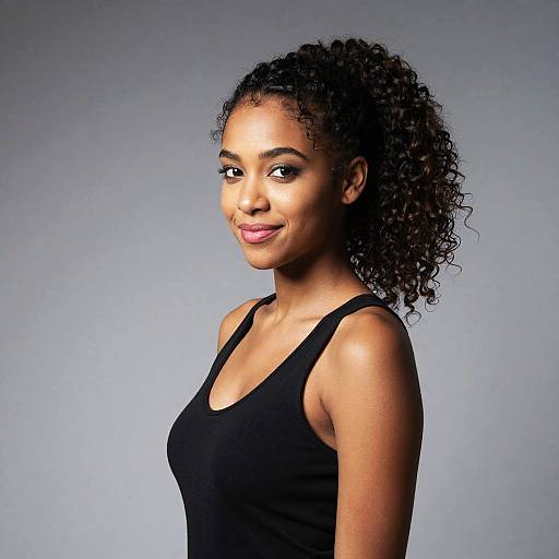 Photograph of a smiling Black woman with curly hair, wearing a black tank top, against a plain gray background.