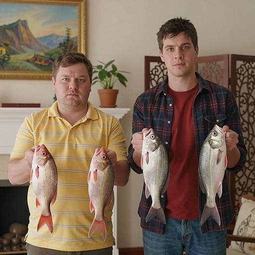 Two men holding fish indoors
