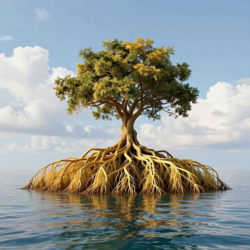 Photograph of a tree with extensive, exposed roots standing in calm, reflective water under a bright, partly cloudy sky.