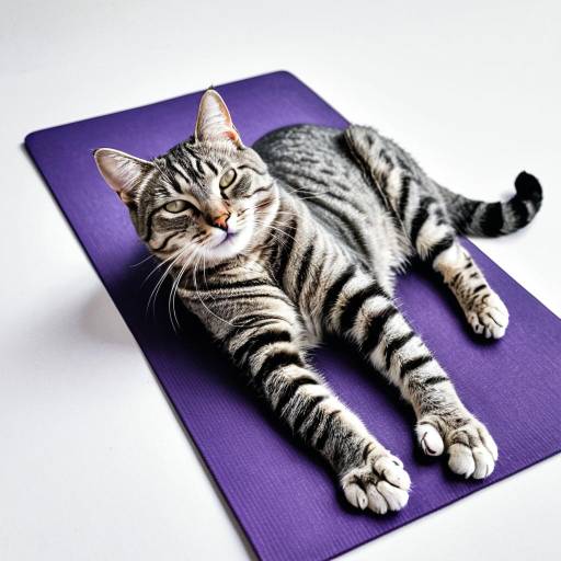 Grey Tabby Cat Lounging on Purple Yoga Mat