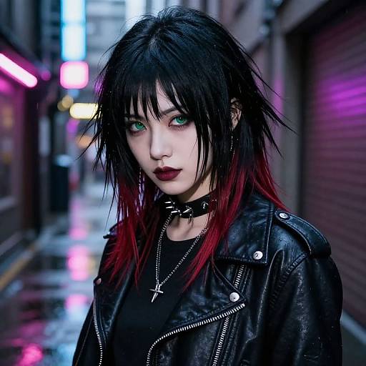 Digital photograph of a pale-skinned, green-eyed woman with black and red hair, wearing a black leather jacket, choker, and cross necklace,