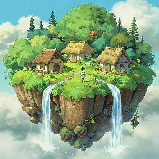 Digital anime-style illustration of a floating island with grassy cliffs, two thatched-roof houses, a waterfall, and a girl in a blue dress
