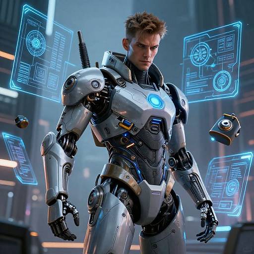CGI image of a serious, muscular, blond-haired man in a futuristic silver robotic suit with glowing blue holographic interfaces floating around.