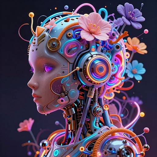 Digital CGI of a futuristic, robotic humanoid with glowing purple eyes, adorned with vibrant neon blue, pink, and purple flowers, intricate mechanical wiring, and