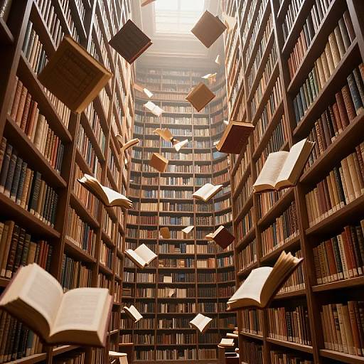 Photograph of a grand library with towering bookshelves filled with books, open books floating mid-air, sunlight streaming from above.