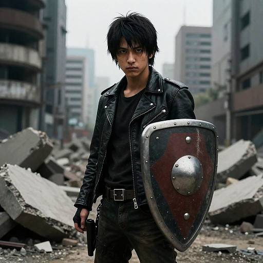 Young Rebel in Dystopian Cityscape