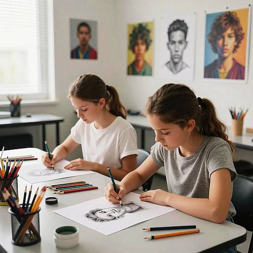 Photograph of two teenage girls with brown hair, wearing white and gray shirts, drawing at a table in a bright, art-filled classroom.