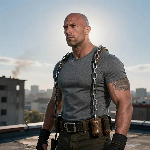 Muscular Man with Chains on Rooftop